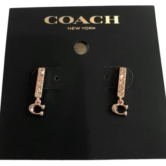 COACH Signature Rose Gold Pave Bar Stud Earrings NWT - Picture 2 of 7